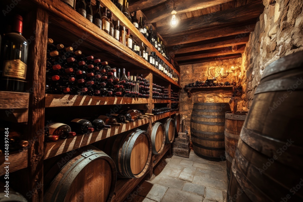 Poster Explore the rustic wine cellar filled with wooden barrels and shelves abundant with fine wine bottles in a charming setting. Generative AI
