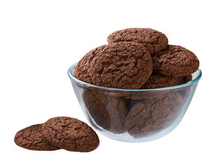 Chocolate brownie cookies with cracks in a clear glass bowl isolated on white background, full depth of field.