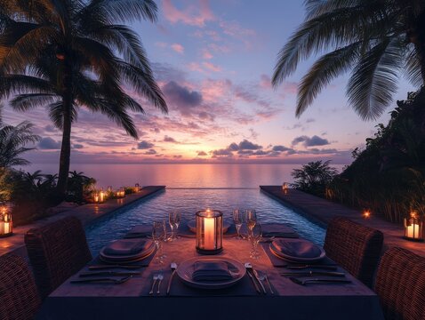 Romantic Sunset Dinner for Two by the Infinity Pool Overlooking the Ocean, Surrounded by Lush Palm Trees, Creating an Unforgettable Experience in Paradise