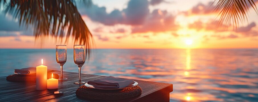 Romantic Tropical Poolside Dinner with Palm Trees and Candlelit Ambiance at Sunset, Perfect for a Special Occasion