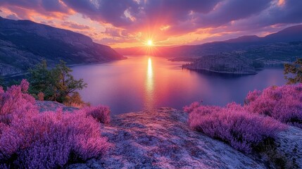 Scenic view of a sunset over a lake, captured from a distance, highlighting the colors and beauty of the landscape 