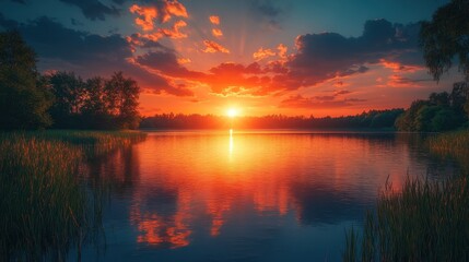 Fototapeta premium Scenic view of a sunset over a lake, captured from a distance, highlighting the colors and beauty of the landscape 