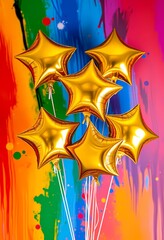 Obraz premium Gold Star Balloons with Reflective Surfaces in Front of Multicolored Abstract Background