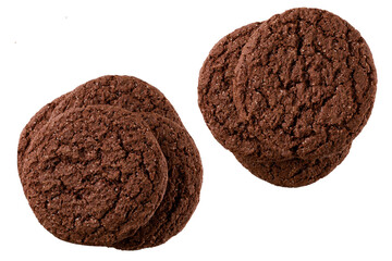 Stack of round chocolate brownie cookies with cracks isolated on white background, top view.