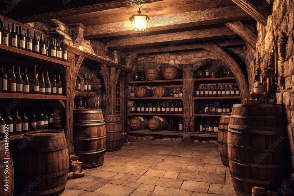 Poster Explore a quaint wine cellar filled with wooden barrels and neatly arranged wine bottles illuminated by soft light. Generative AI