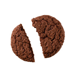 Broken chocolate brownie cookies with cracks isolated on white background, top view.