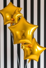 Gold Star Balloons on Chic Black-and-White Striped Background with Crisp Reflections