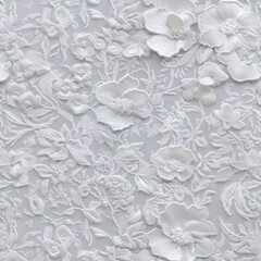 White Textured fabric pattern with elegant vintage lace and floral hand embroidery. Decorative wedding design