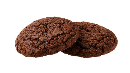 Two chocolate brownie cookies with cracks isolated. Round american chocolate cookies isolated on white background.