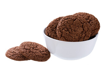 Chocolate brownie cookies with cracks in a ceramic plate isolated on white background, full depth of field.