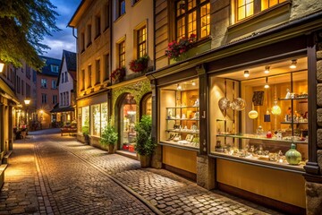 Fototapeta premium A cobblestone street with a row of shops, including a jewelry store