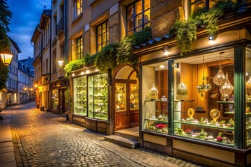 Naklejka premium A cobblestone street with a row of shops, including a jewelry store