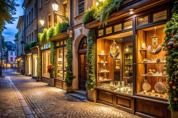 Naklejka premium A cobblestone street with a row of shops, including a jewelry store