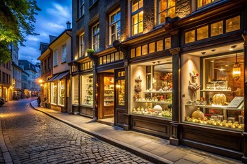 A cobblestone street with a row of shops, including a jewelry store