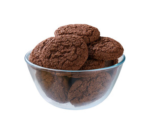 Chocolate brownie cookies with cracks in a clear glass bowl isolated on white background, full depth of field.