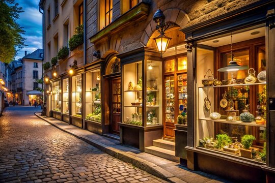 Fototapeta A cobblestone street with a row of shops, including a jewelry store