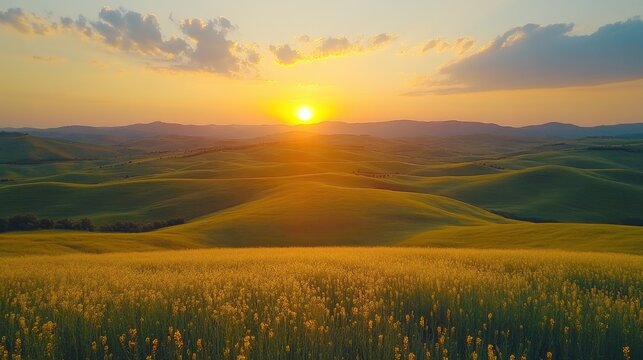 Serene countryside landscape with rolling hills, captured from an elevated viewpoint, highlighting the vastness and tranquility of nature 