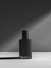 Close-up a men's perfume bottle on a Beige color background. Mockup for design.