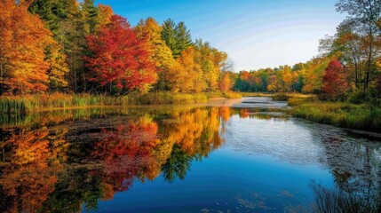 Fototapeta premium Tranquil lake surrounded by autumn foliage, the reflection of colorful trees in the water, nature's beauty