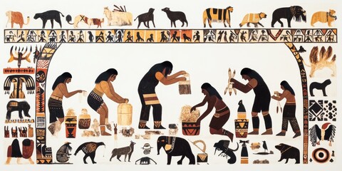 Fototapeta premium [An artistic rendering of Indigenous people working together to build community, framed by sacred patterns and animal motifs], on a white background