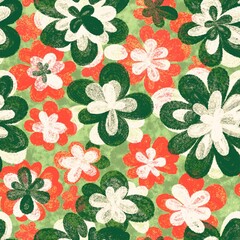 Seamless floral pattern with hand-drawn orange and green flowers on a textured background. Illustration for textiles, wallpapers, stationery. Vibrant colors, cheerful, retro vibe, creativity, playful 