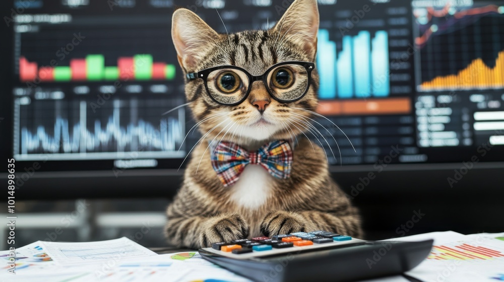 Poster A tabby cat with glasses and a bowtie sits at a desk with a calculator in front of it. Papers with financial graphs and charts are scattered around