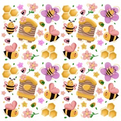 Cute honey bee animal character seamless pattern. Hand drawn honey bee, perfect for printing and gift wrapping.