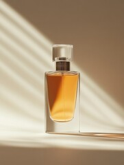 Close-up a perfume bottle on a Beige color background. Mockup for design.