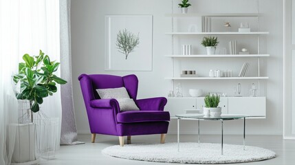 Fototapeta premium A cozy living room features a vibrant purple armchair placed beside a glass coffee table