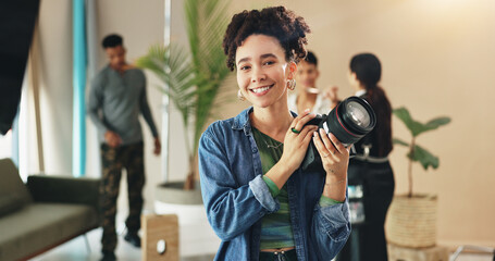 Photography, fashion and camera with portrait of woman in studio for magazine production, backstage...