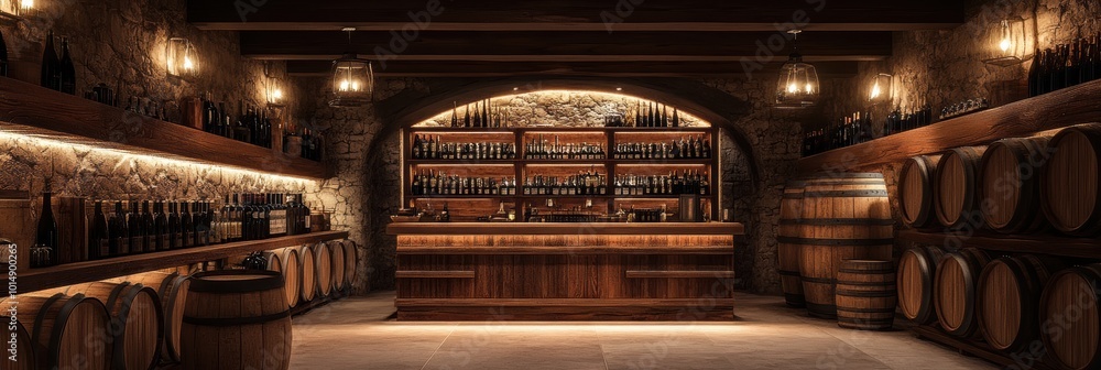 Poster explore a rustic wine cellar featuring wooden barrels and shelves filled with an assortment of fine 
