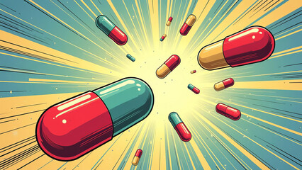 A group of pills and capsules falling. Healthcare and medical illustration background.