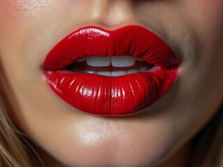 Obraz premium A close-up of a woman's attractive lips with red lipstick.