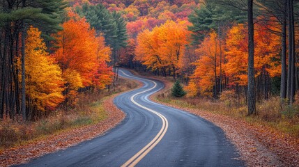 Obraz premium Scenic view of a winding road through autumn trees, captured from a distance, showcasing the beauty of fall foliage 