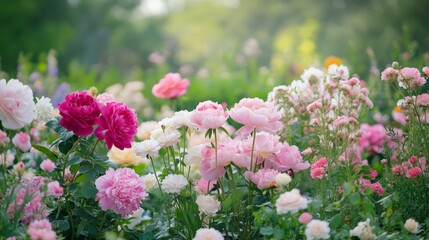 Obraz premium A beautiful garden filled with various shades of pink flowers, from deep magenta roses to pastel pink peonies, blooming in harmony.