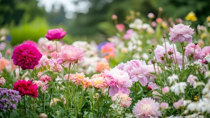 Obraz premium A beautiful garden filled with various shades of pink flowers, from deep magenta roses to pastel pink peonies, blooming in harmony.
