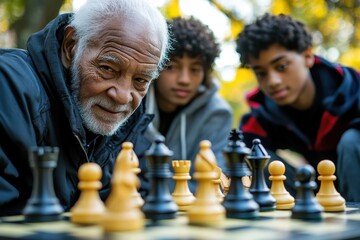 Elderly Man Learning Chess with Young Friends Outdoors