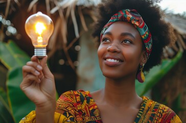 Beautiful african woman holding a lit lightbulb smiling