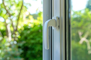 New plastic PVC window with white metal frame installed at modern house, view of blurred green trees, blue sky. Advertising. Typical installation of insulated glazing windows with uPVC window frames.