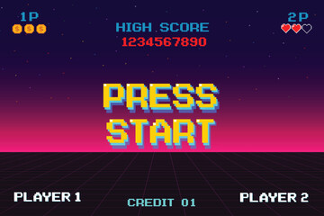 PRESS START INSERT A COIN TO CONTINUE .pixel art .8 bit game. retro game. for game assets .Retro Futurism Sci-Fi Background. glowing neon grid. and stars from vintage arcade computer games