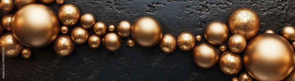 Poster a cluster of golden spheres arranged in a diagonal line on a dark textured background.