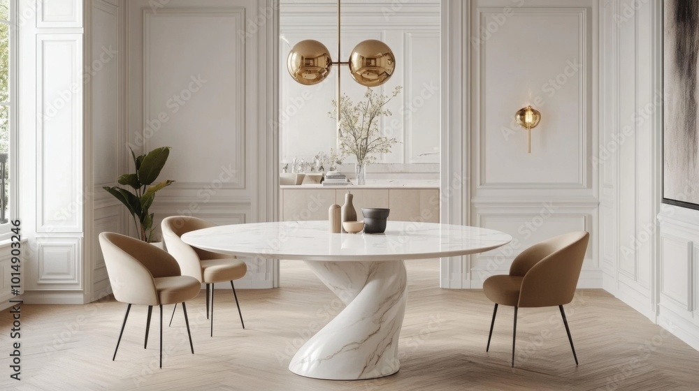 Poster a modern dining space showcases a distinctive marble table surrounded by elegant chairs, illuminated