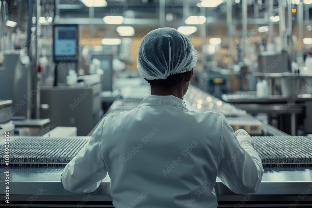 Poster back view of a worker in a green uniform in a factory setting.
