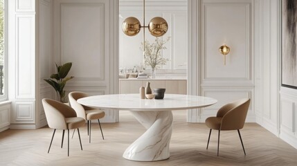 A modern dining space showcases a distinctive marble table surrounded by elegant chairs, illuminated by stylish hanging light fixtures. Large windows allow natural light to enhance the clean design.