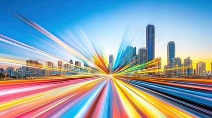 Fototapeta premium Vibrant City Skyline with Colorful Light Trails