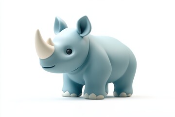 Fototapeta premium 3D icon minimal on isolated white background, A cute cartoon rhinoceros design in soft blue tones, 3D rendering illustration