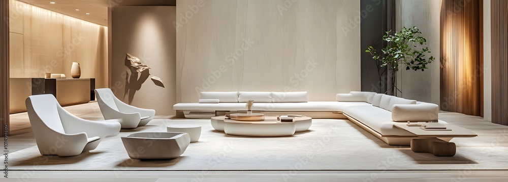 Poster 5. a sophisticated scene featuring an unusual minimalist presentation space, where sleek lines and a