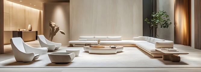 5. A sophisticated scene featuring an unusual minimalist presentation space, where sleek lines and a calming color palette combine to create a perfect setting for showcasing luxury items
