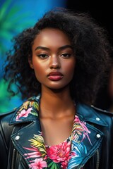Fototapeta premium Vibrant Floral Fashion: Model in Leather Jacket