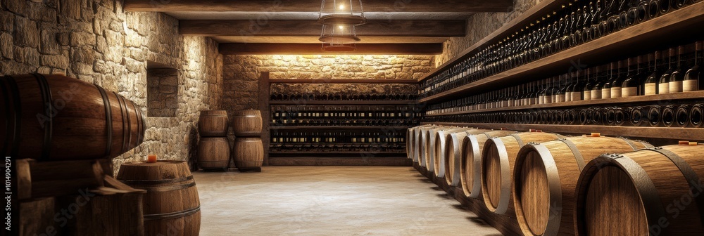 Poster a traditional wine cellar featuring wooden barrels and shelves filled with assorted wine bottles in 